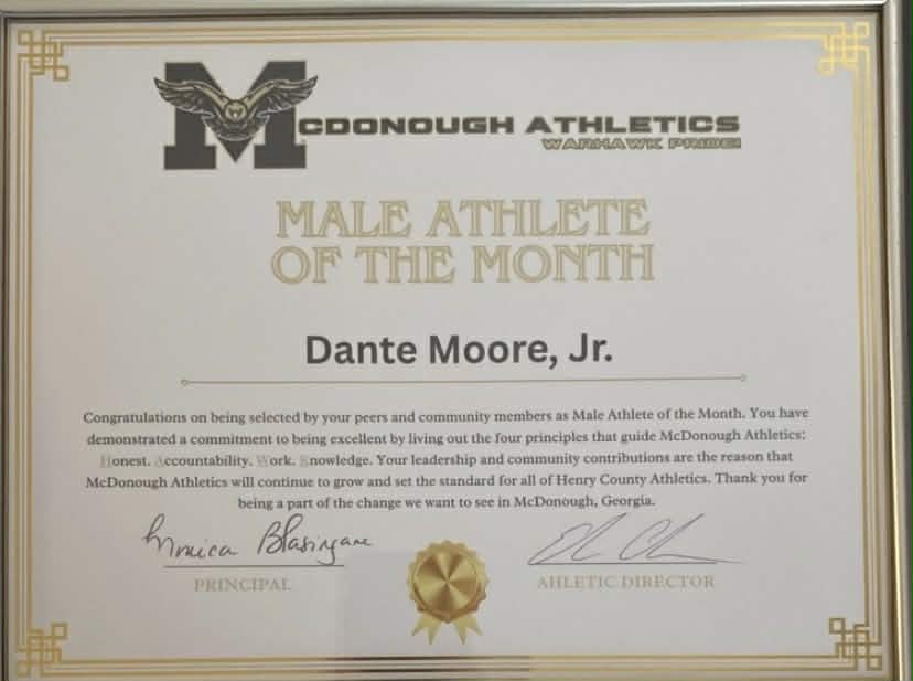 Male Athlete of the Month certificate