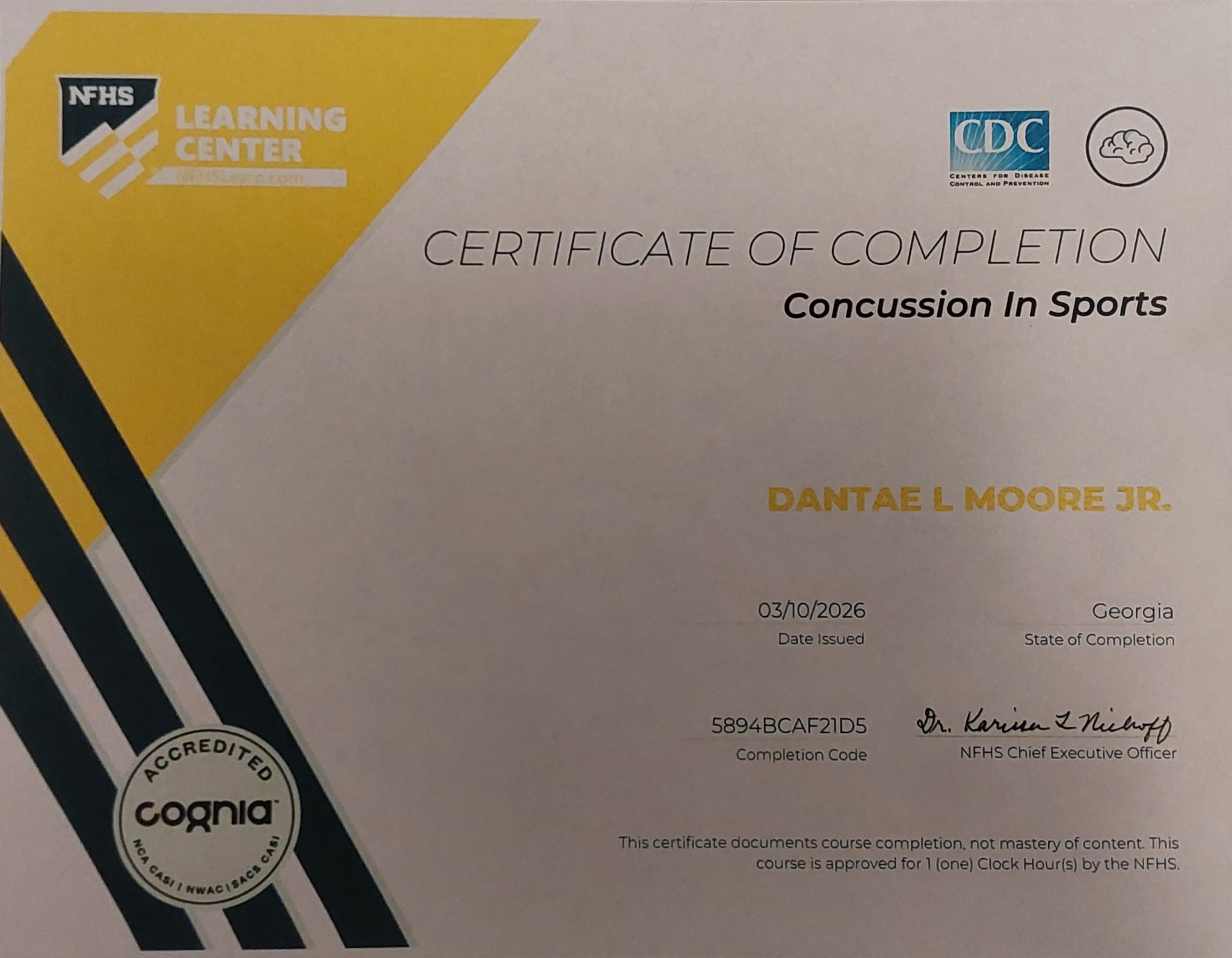 NFHS Concussion in Sports certificate