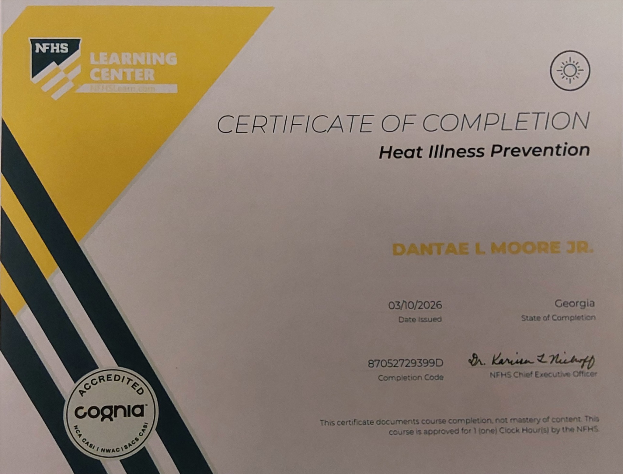 NFHS Heat Illness Prevention certificate