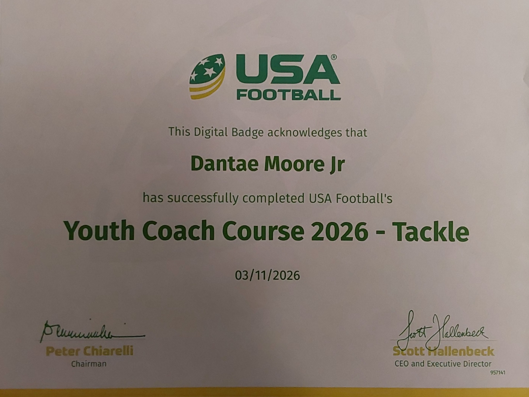 USA Football Youth Coach Course certificate