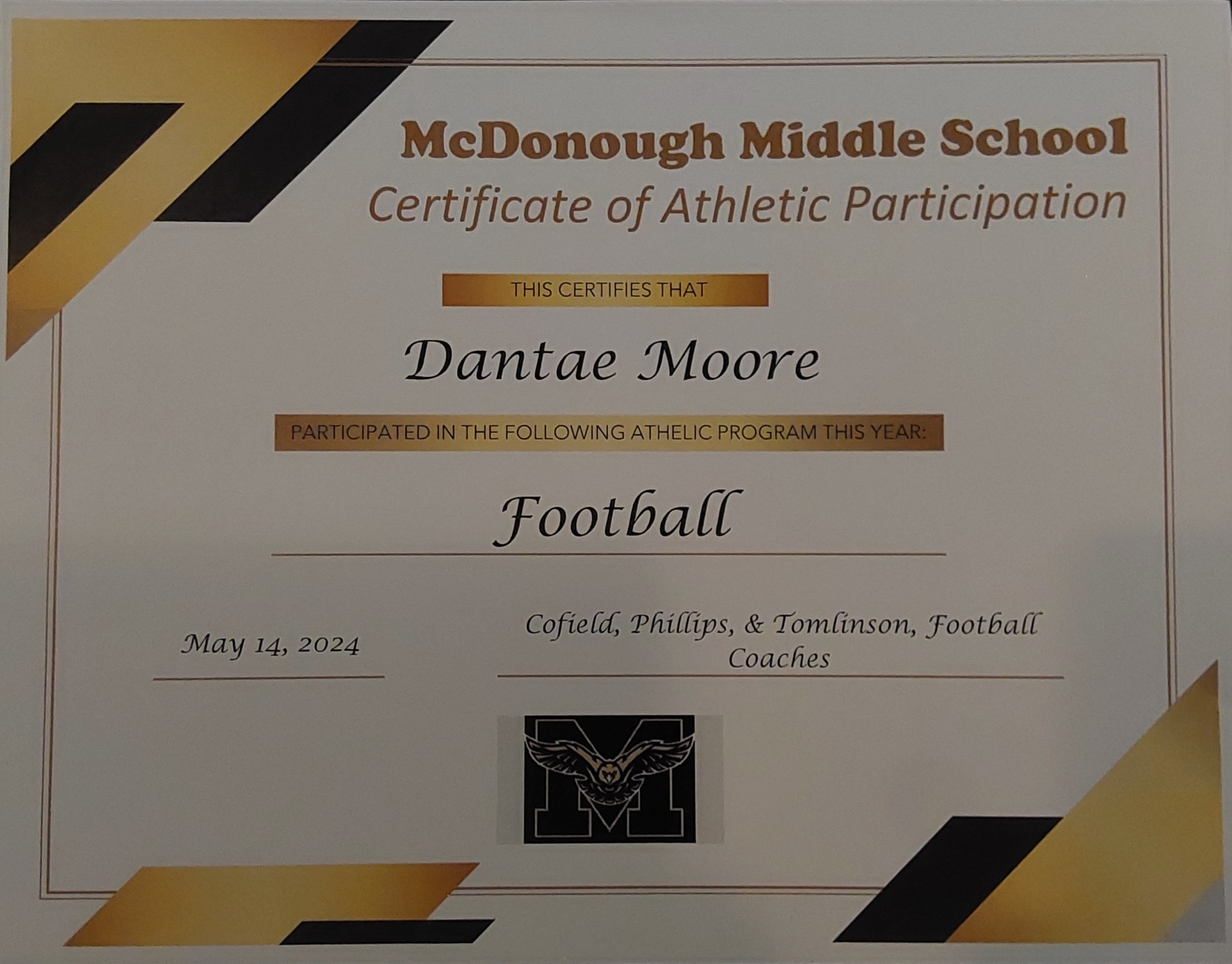Middle school football participation certificate
